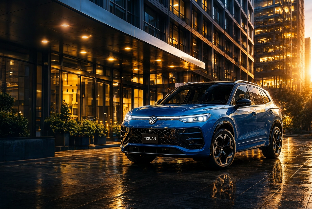 Volkswagen Tiguan em frente a edifício corporativo iluminado ao entardecer